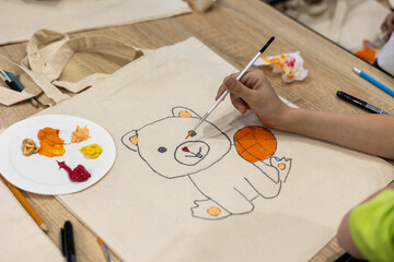 Creative Tote Bag Painting Workshop: Drawing Teddy Bear with Acrylic Paints on Text. Art therapy...