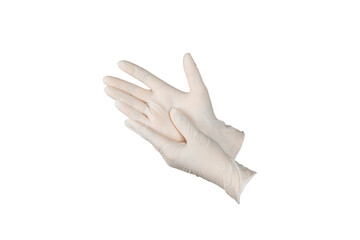 Medical nitrile gloves isolated on white background. Surgical latex gloves. Rubber gloves production. Doctor or nurse putting on protective gloves. Medicine concept. Sterility, protection.