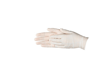 Medical nitrile gloves isolated on white background. Surgical latex gloves. Rubber gloves production. Doctor or nurse putting on protective gloves. Medicine concept. Sterility, protection.