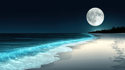 Full moon shining over calm beach with glowing blue waves and dark sky creating peaceful night scene