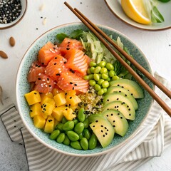 *Vibrant overhead shot of healthy poke bowl**, filled with salmon, avocado, edamame, mango, and sesame seeds, served with chopsticks.