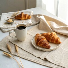 **Minimalist flat lay of croissants and coffee**, styled on a neutral-colored linen napkin with soft morning light.