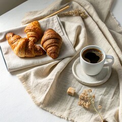 **Minimalist flat lay of croissants and coffee**, styled on a neutral-colored linen napkin with soft morning light.