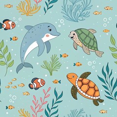 Obraz premium Cute underwater sea creatures pattern