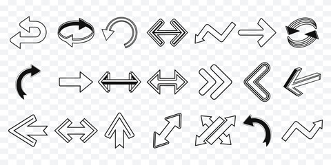 Different styles of hand-drawn arrow icons set, featuring curved, double-sided, bold, outlined, and zigzag arrows, ideal for infographic, web design, navigation, and user interface elements.