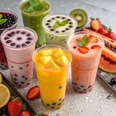 **Top-down shot of colorful bubble tea varieties**, featuring tapioca pearls, fruit slices, and condensation on glasses.