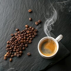 **Minimalist flat lay of espresso & coffee beans**, with steam rising from a cup, set on a dark textured background.