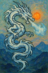 Fototapeta premium Ethereal Flaming Dragon Against Vibrant Sunset in Abstract Style