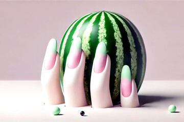Stylized pastel fingers with long nails holding a shiny watermelon, set on a soft minimalistic background with playful small spheres around.