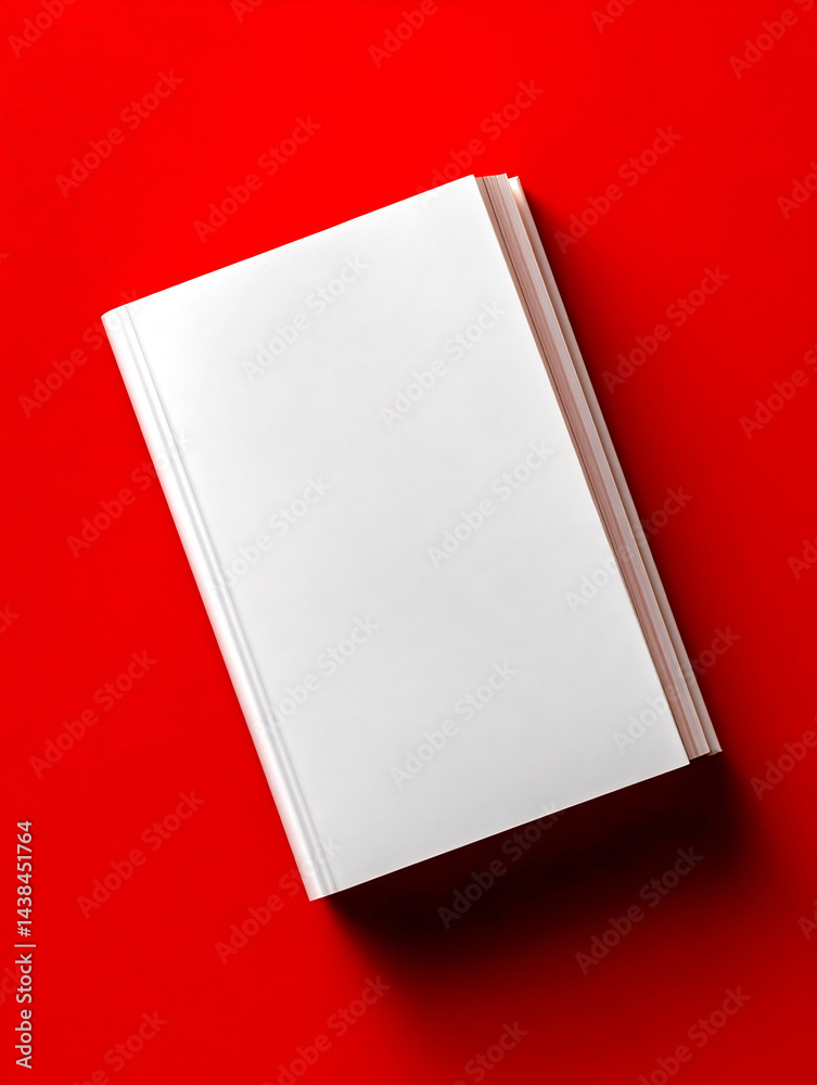 Poster minimalist design of a blank hardcover book on a vibrant red background promoting creativity and ima