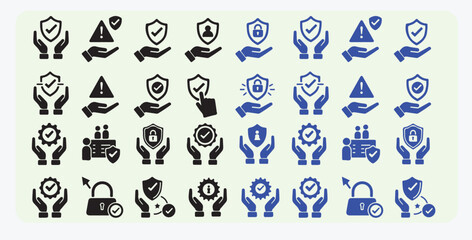 Insurance in Hand Icons Set – Shield Protection and Assurance Symbols in Flat and Line Style, insurance, protection, shield, hand, safety, secure, assurance, guarantee, icon, set, flat, line