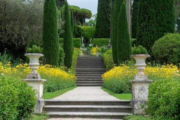 Obraz premium Lush garden landscape featuring vibrant yellow flowers and neatly trimmed hedges in a serene setting during early spring