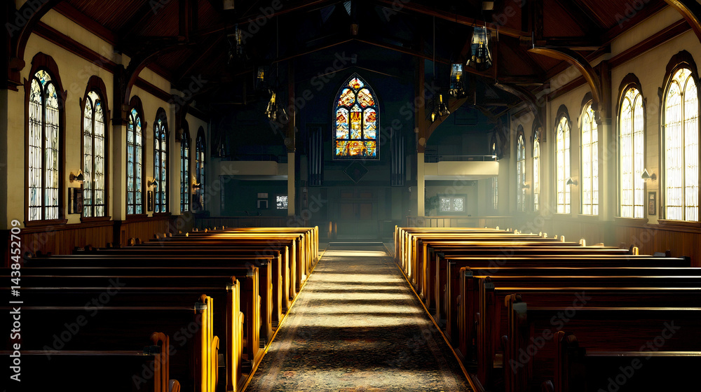 Poster interior of a beautiful church with tall windows and sunlight streaming through creating a peaceful 