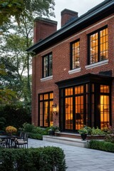 Fototapeta premium This charming brick house exudes elegance, illuminated by a warm evening glow, and is beautifully nestled amidst lush greenery in a serene neighborhood setting