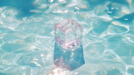 A clear crystal cube floats in a body of water.