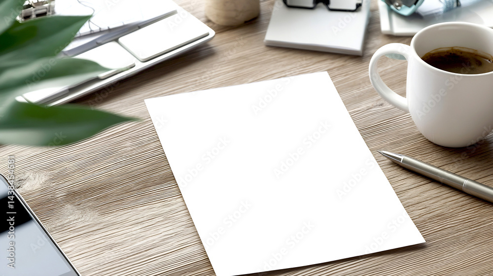Leinwandbilder Minimalist workspace with an empty sheet of paper coffee cup and stationery items for creative projects : Generative AI