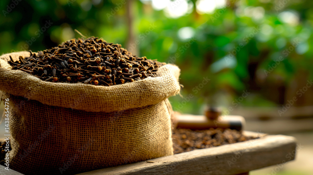 Poster sack full of aromatic dried cloves highlighting rich natural spices in a garden setting perfect for 