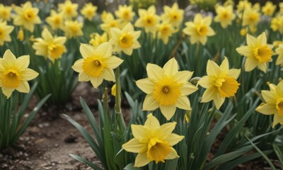 Close-up of cheerful daffodils, bright yellow petals, fresh spring growth,  petals,  flower