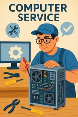 Computer Service Technician Working on Hardware Repair Illustration