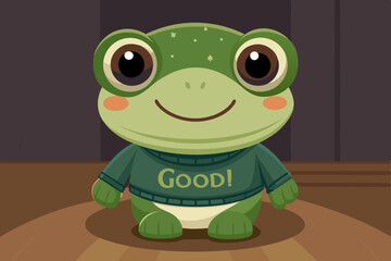 Cute Cartoon Frog Wearing a Good Sweater on Wooden Floor