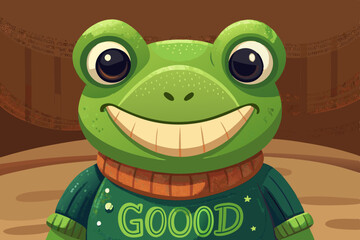 Obraz premium Happy Smiling Frog Wearing a Green Sweater with Good Text