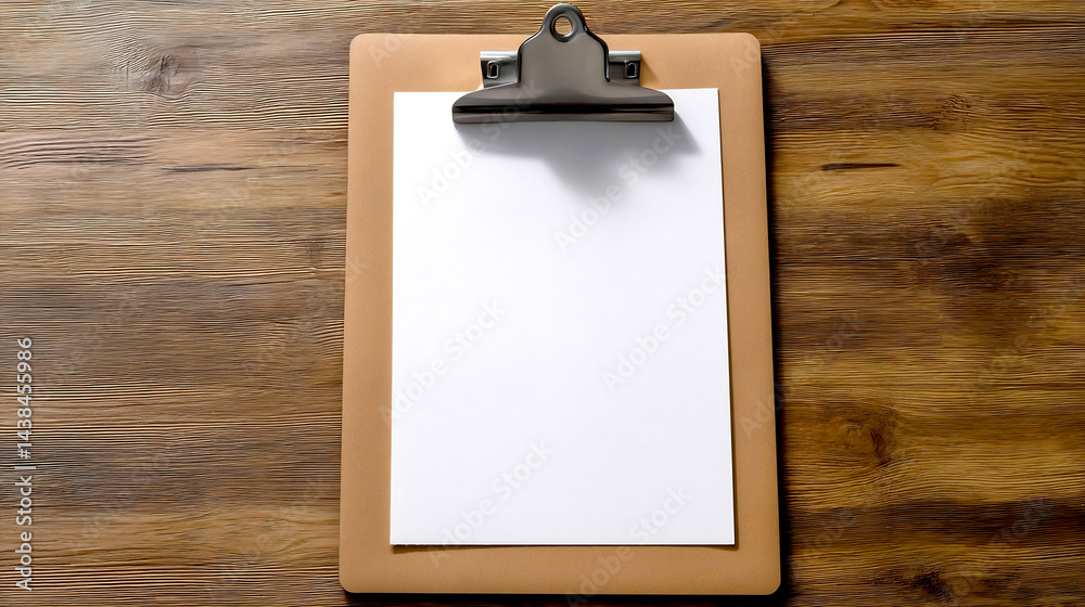 Poster blank clipboard with paper ready for notes or tasks showcasing minimalism and organization on a wood
