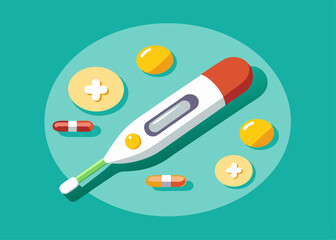 Digital Thermometer with Assorted Pills and Capsules