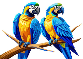 Obraz premium Two Vibrant Blue and Gold Macaws Perched on a Branch