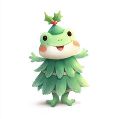 Fototapeta premium Cheerful frog character dressed as a green tree with a festive holly decoration
