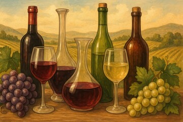 Obraz premium Artistic Representation of Wine Bottles and Glasses in Vineyard Setting