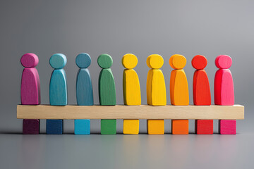 Equality and diversity in business represented by multi-colored human-shaped pegs standing evenly on bar graph