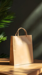 Brown paper shopping bag on wooden table with natural light and plant in background