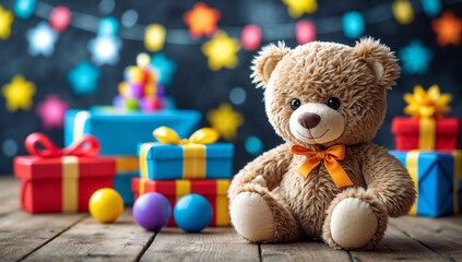 Bright background with a teddy bear for Children's Day. Concept of caring for children, joy and happiness