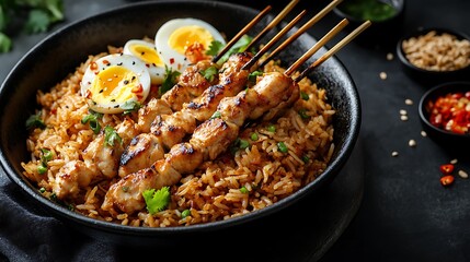 Fototapeta premium Savory chicken satay skewers served over fried rice with sliced hard-boiled egg makes an excellent centerpiece for Asian cuisine advertising or restaurant menus.