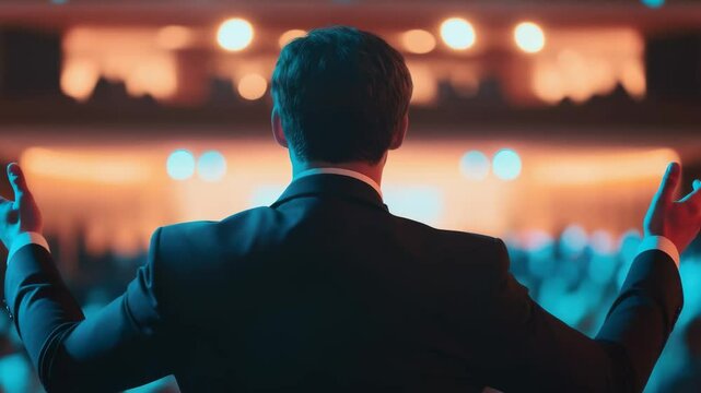 Man in spotlight, dramatic stage lights, microphone stand, audience seated in rows, actor's focused posture.
