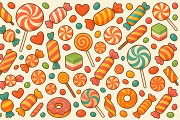 Colorful Candy Pattern Art with Lollipops and Sweet Treats