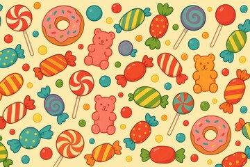 Colorful Candy Pattern with Lollipops, Gummies, and Donuts