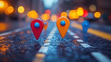 Map pin markers on a wet street with bokeh lights behind
