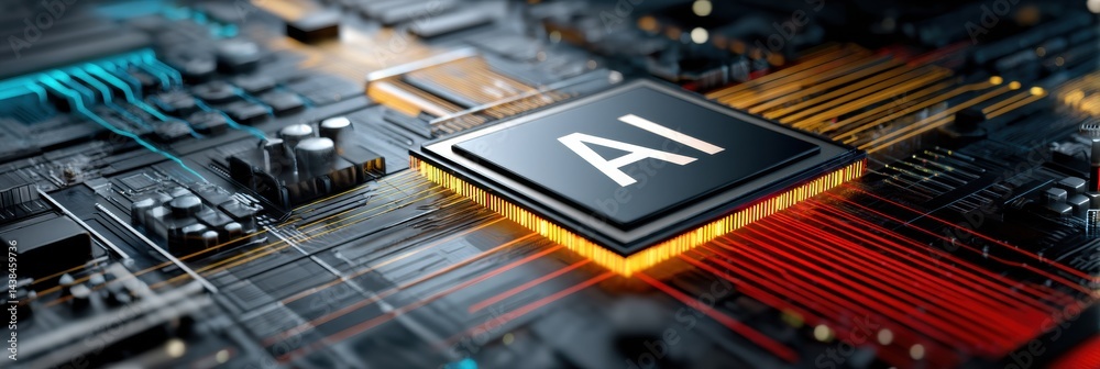 Poster stylized microchip with ai label set against a minimal tech background showcasing advanced technolog