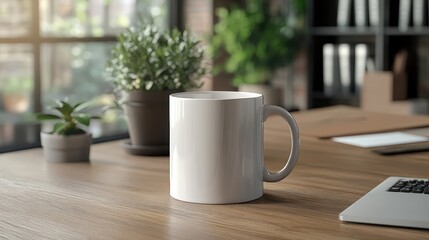Coffee mug mockup with personalized design on a clean office desk