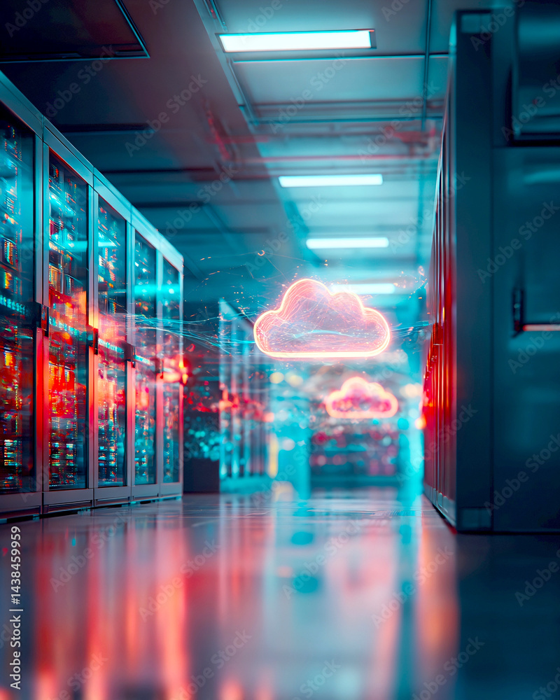 Aufkleber Futuristic view of a data center hallway with glowing cloud technology representing digital storage innovation : Generative AI