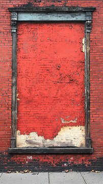 Red brick wall with boarded window, urban decay, autumn leaves