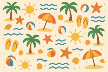 Vibrant Beach Pattern Art with Sun, Waves, and Tropical Elements