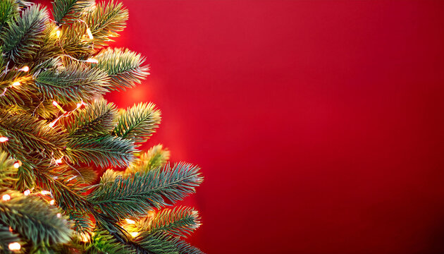 christmas tree lights garland on red background new year and happy holidays banner