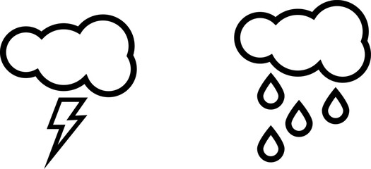 Weather Icon Set – Thunderstorm and Rain Cloud Outline Symbols