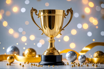 Elegant Golden Trophy with Bokeh and Festive Ornaments