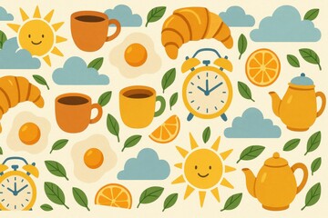 Cheerful Morning Patterns with Sun, Coffee, and Breakfast Elements