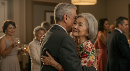 Elderly couple dancing joyfully at a celebration backdrop