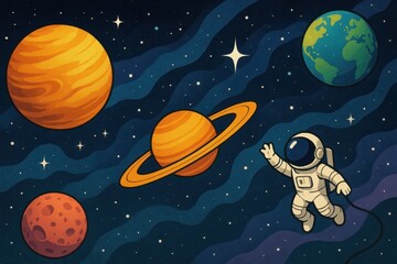 Fototapeta premium Cosmic Art Display Featuring Astronaut and Colorful Planets