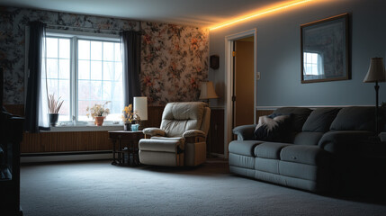 Fototapeta premium Comfortable living room with recliner and floral wallpaper in soft natural light